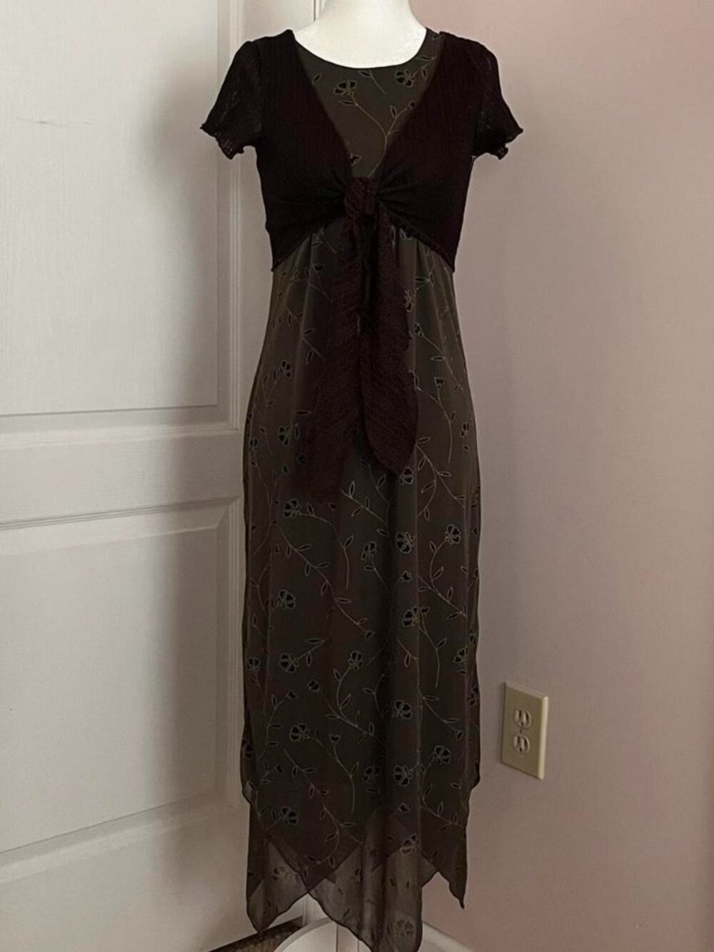 deep olive green vintage dress with sheer fabric embroidered with floral design